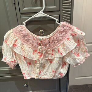 LoveShackFancy Short Sleeved Flowery Top XS, Like New